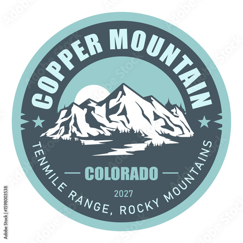 Copper mountain range, Colorado, USA, emblem with snow-covered mountains, vector