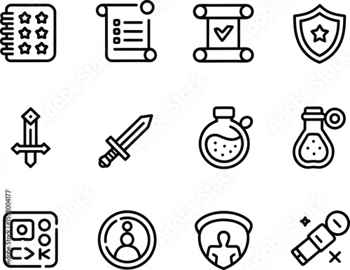 Collection of fantasy game icons including swords potions shields and scrolls