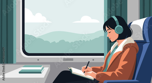 Young Woman Traveling By Train And Writing Creative Ideas In Her Notebook