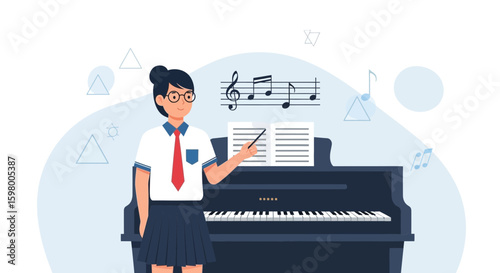 Young Woman Teaching Piano Lesson Vector Illustration Music Education