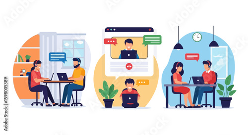 Illustrations of people in virtual meetings and remote work communication scenes