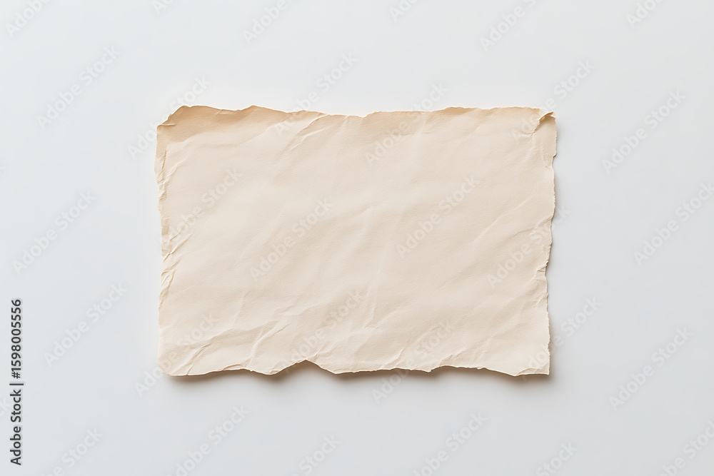 Fototapeta premium Wrinkled, torn-edge paper on a clean background. Rustic texture and vintage feel. Suitable for scrapbooking or creative design projects.
