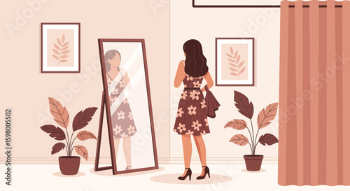 Young Woman Trying On Clothes In Front Of Mirror At Home Or In Boutique