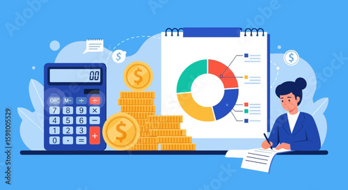 Financial analysis and planning concept with calculator coins and graphs for investment success