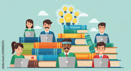 Illustration of diverse students studying with laptops on book stacks with lightbulb ideas
