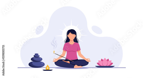 Zen Harmony: A Woman Practicing Meditation with Incense and Stones Stillness