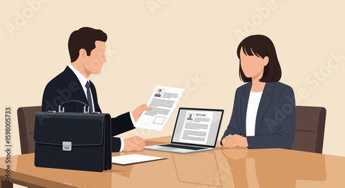 Professional job interview illustration showcasing a candidate and interviewer with resumes ready