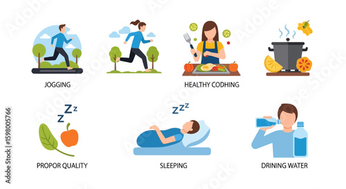 Illustrations representing a balanced and healthy lifestyle for promoting well-being and fitness