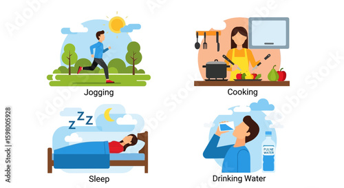 Daily Healthy Lifestyle Vector Illustration Showing Various Activities and Habits for Wellness