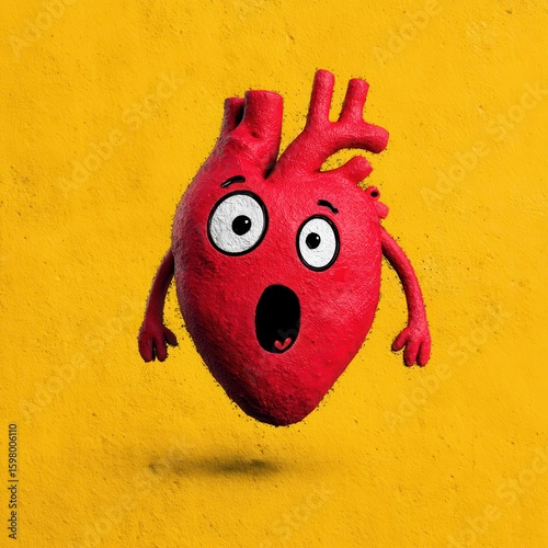 A cartoon heart with an exaggerated expression of surprise