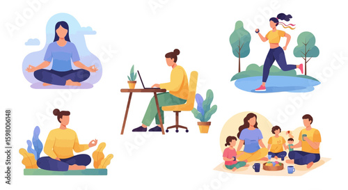 Vector Illustration Depicting a Balanced Lifestyle with Yoga, Work, Exercise, and Family Time