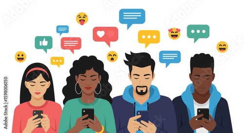Diverse group of people using smartphones and interacting with social media symbols
