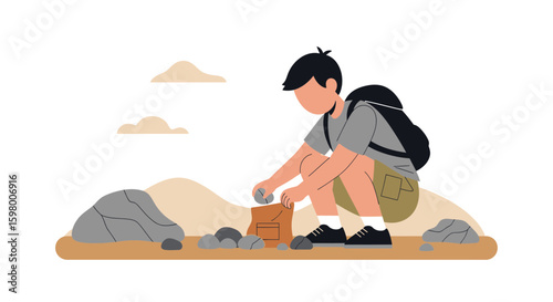 Young Hiker Collecting Geological Samples During Outdoor Adventure Trip