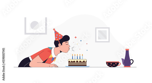 Young Man Celebrating Birthday Blowing Out Candles Festive Illustration