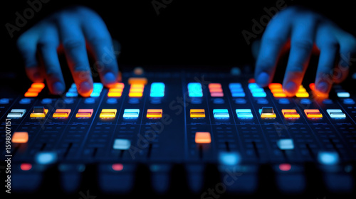 Close up of hands adjusting colorful buttons on sound mixing console, creating vibrant atmosphere in dark environment, showcasing art of audio production