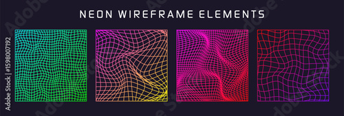 Colorful wireframe shapes, lined perspective mesh, 3d grid. Low poly geometric elements. Retro futuristic design elements, y2k, vaporwave and synthwave style. Vector illustration