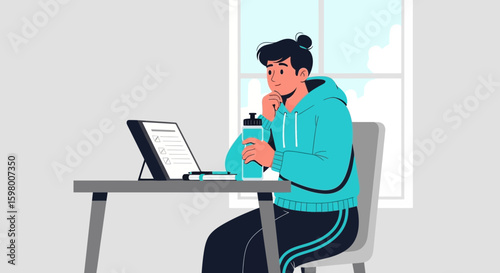 Young Man Checking List on Tablet Wearing Sportswear At Home Relaxing