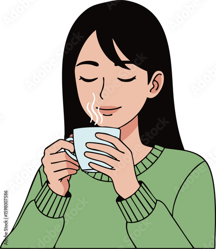 満足げにコーヒーを味わうアニメ風女性-リラックスタイムのフラットデザインイラスト
