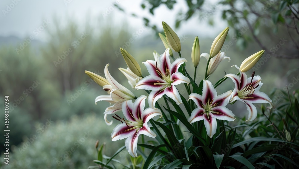 Obraz premium A bouquet of white and red lilies with large blooms and buds against a blurred natural background.
