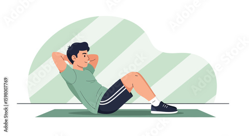 Young Man Doing Crunches on Exercise Mat In a Healthy Lifestyle Theme