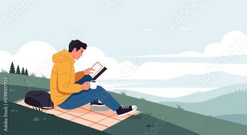 Young Man Enjoying a Peaceful Day Reading Book Outdoor Relaxing in Nature