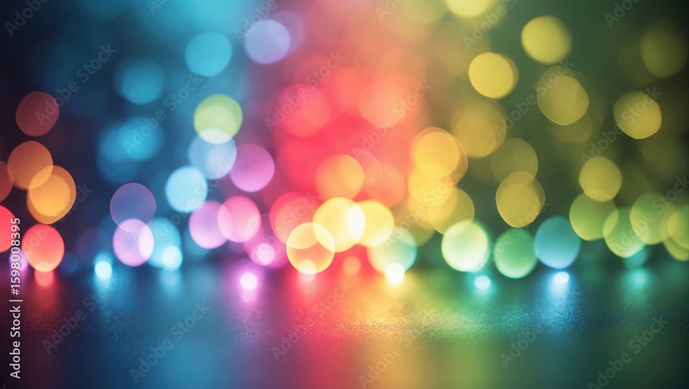 Fototapeta premium Colorful bokeh lights with vibrant glowing circles and a shimmering surface, creating an abstract, festive, and lively atmosphere.