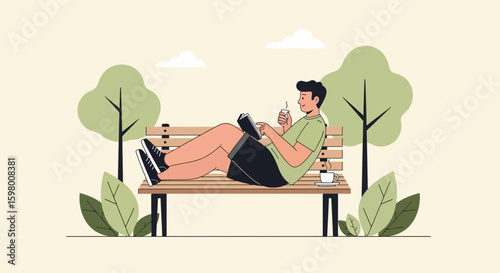 Young Man Enjoying Reading And Coffee On A Bench In The Park