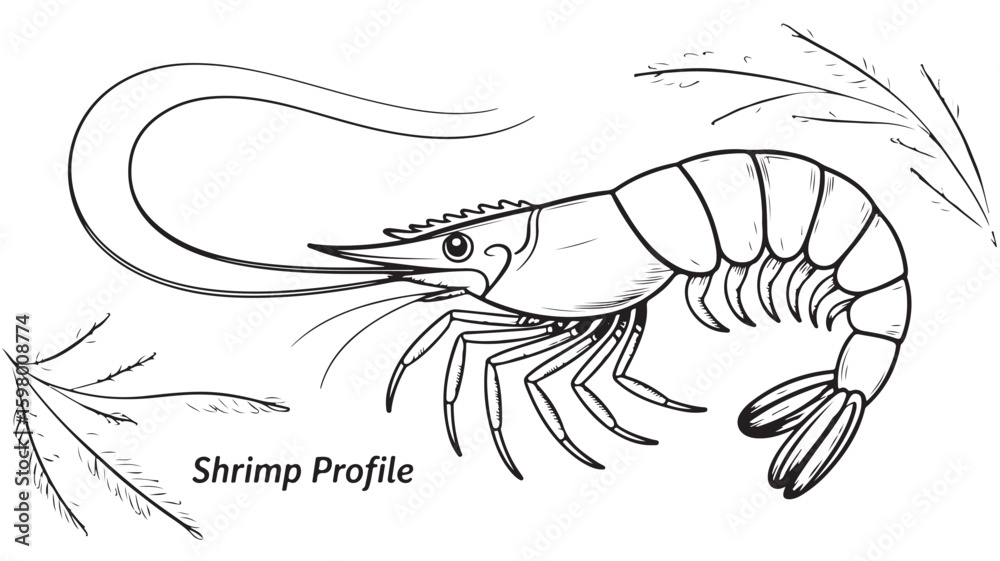 Fototapeta premium Detailed Line Drawing of Shrimp Profile with Botanical Elements