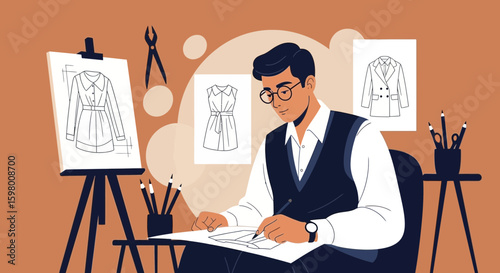 Young Man Fashion Designer Creates Clothing Sketches In His Studio Workplace