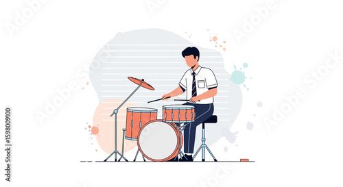 Young Man Plays Drums With Passion And Energy In A Vector Style