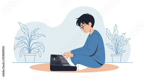 Young Man Plays Keyboard in Home Studio Environment Illustration