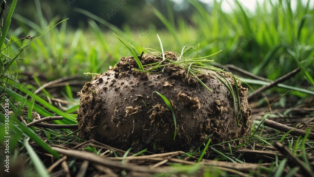 Fototapeta premium A clump of soil with grass growing on it, lying on the ground amidst green grass and plant stems.