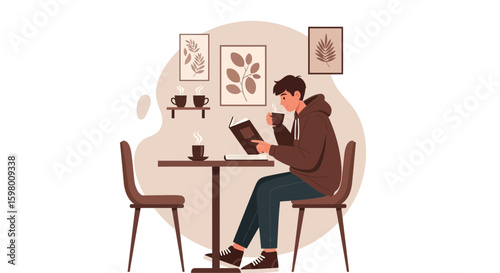 Young Man Reading Book And Enjoying Coffee At Cafe Illustration