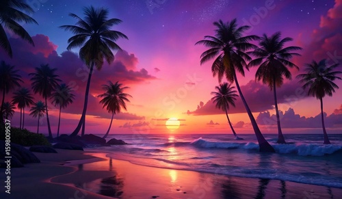 A serene beach scene at sunset, featuring silhouettes of palm trees against a vibrant sky. The sky is painted in shades of pink, purple, and orange, reflecting on the calm water. Gentle waves lap at t