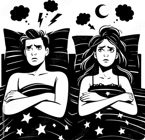 Young couple laying in bed with anxious expressions and thoughts, frustrated couple in bed 
