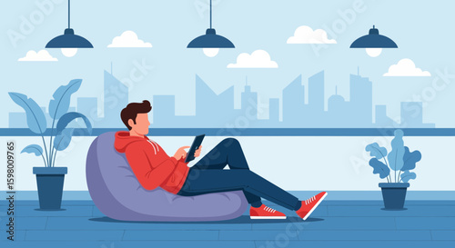 Young Man Relaxes In Beanbag Using Tablet With Cityscape View