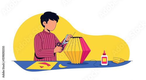 Young Man Skillfully Crafting A Colorful Paper Lantern For Festive Decoration