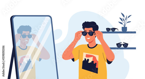 Young Man Trying On Sunglasses In Front Of A Mirror With A Smile