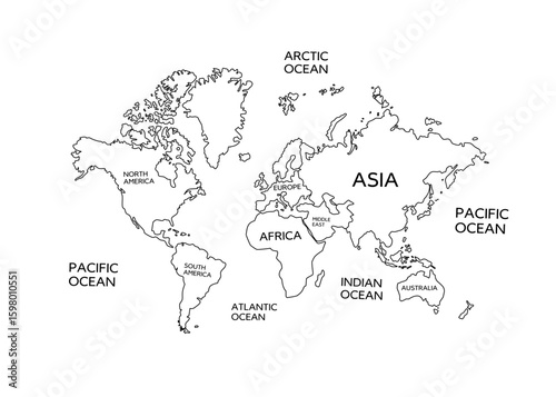 Black and white world map with labeled continents and oceans