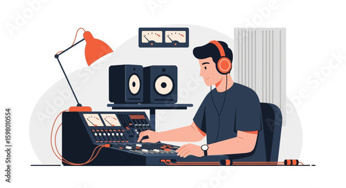 Young Man Working In Sound Recording Studio Listening To Music Mixing Audio