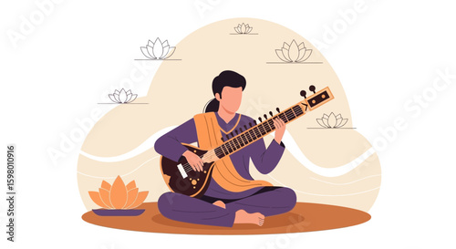 Young Musician Playing Sitar Traditional Indian Music Illustration Vector Isolated