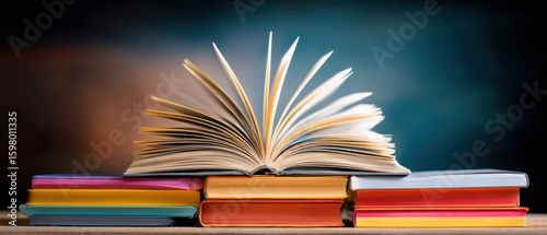 The open book revealing pages with colorful stacked volumes in background.