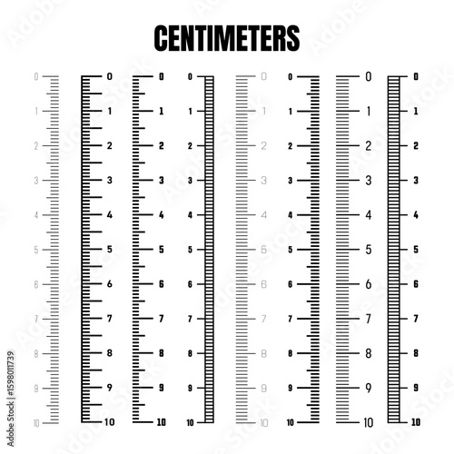 Vertical centimeter scale for measuring length or height. Various measurement scales with divisions. Ruler, tape measure marks, size indicators. Vector illustration