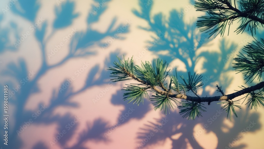Obraz premium A pine branch with shadowed trees in the background during sunset or sunrise. Nature and landscape scene. Atmospheric and tranquil setting.