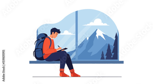 Young Traveler Writes Notes About Nature While Relaxing Near Window With Mountains