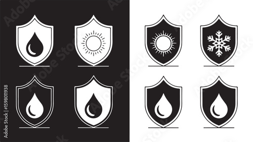 Black and White Weather Protection Icons with Water Sun and Snowflake