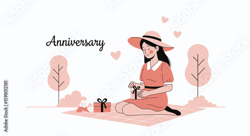 Young Woman Celebrating Anniversary Opening Gift Box Outdoor Illustration