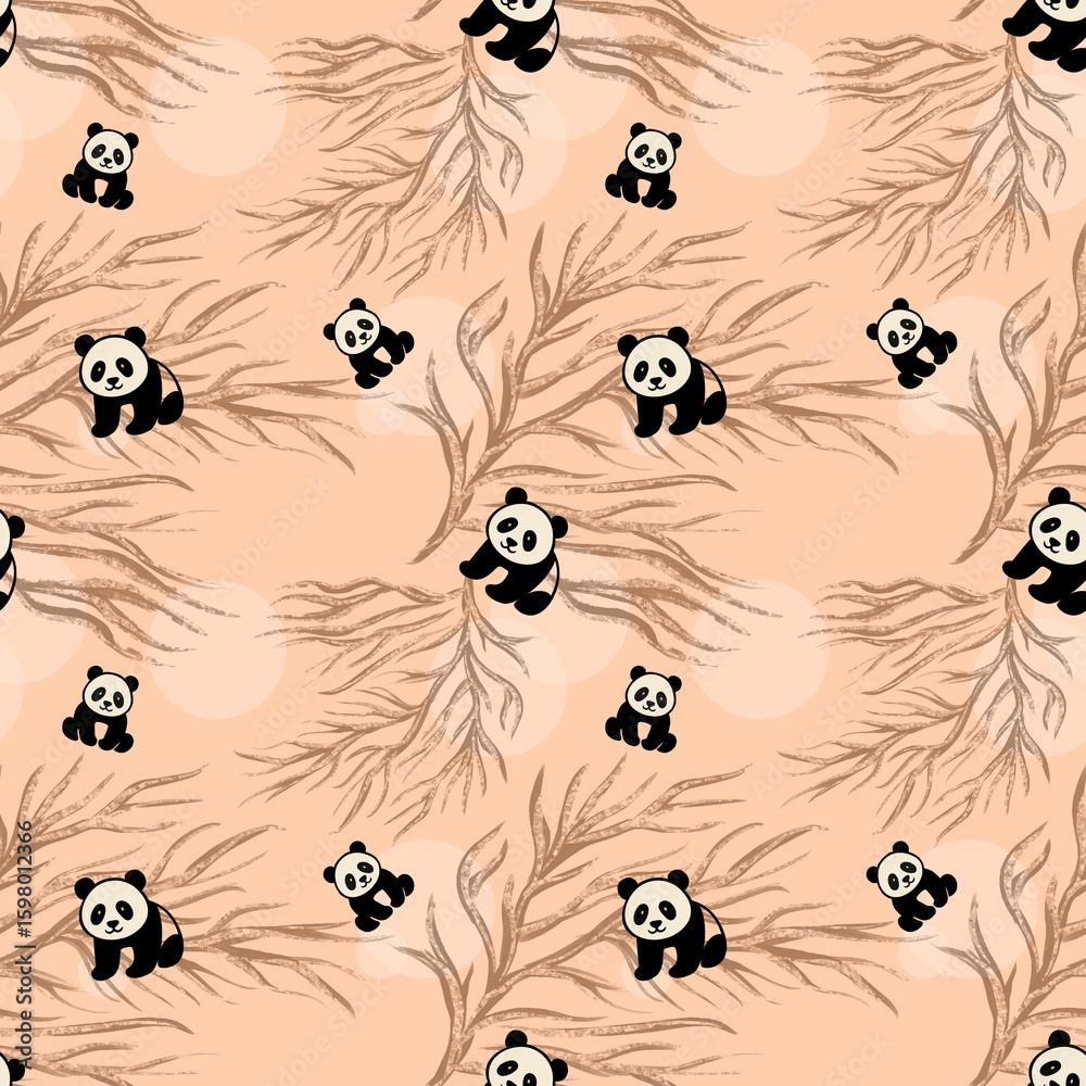 Fototapeta premium Adorable Panda Bear Seamless Pattern Peach Background, Brown Branches, Cute Cartoon Style