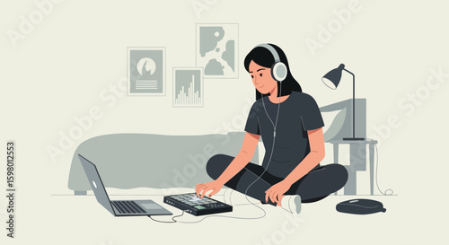 Young Woman Composing Music At Home With Laptop And Midi Controller