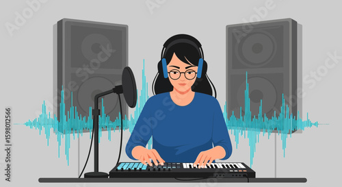 Young Woman Composing Electronic Music In Her Home Sound Recording Studio
